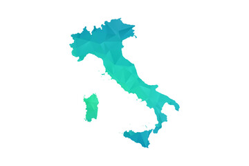 Italy Map - Polygon Style Vector Illustration in Green and Blue Gradient, Low Poly Geometric Design, Isolated on White Background, Perfect for Infographics and Learning Use.