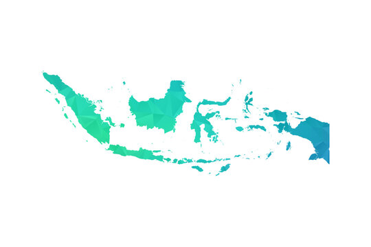Indonesia Map - Polygon Style Vector Illustration in Green and Blue Gradient, Low Poly Geometric Design, Isolated on White Background, Perfect for Infographics and Learning Use.