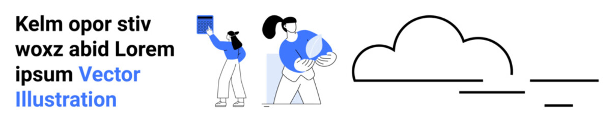 Digital collaboration, teamwork, cloud computing, file sharing, online learning, virtual communication. Two people interacting with digital elements. Teamwork and cloud computing concept