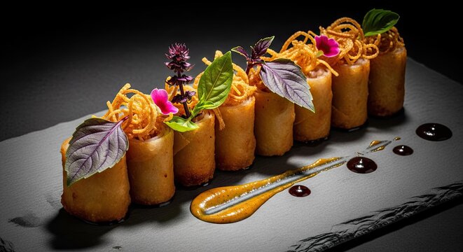 Gourmet Spring Rolls Appetizer with Garnish and Sauce on Slate