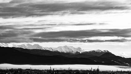Fototapeta premium Black and white image of the Julian Alps overlooking the Friulian plain covered by a blanket of low clouds. Friuli Venezia Giulia, Italy.