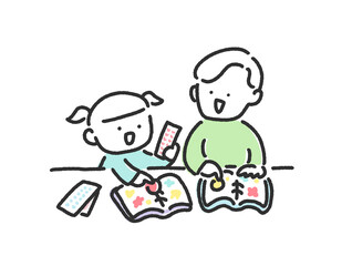 笑顔でシール帳にシールを貼って遊ぶ父親と女の子のかわいい手描きの線画