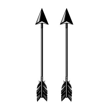 Two black and white arrows with intricate feather fletching and sharp arrowheads.