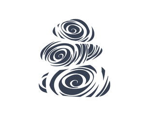 Stylized illustration of three stacked cairn stones with swirling spiral patterns, symbolizing balance and harmony.