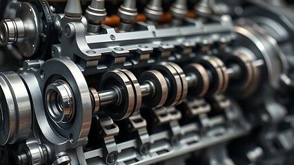 Fototapeta premium camshaft. Cross-section of an engine showing intricate camshaft components. safety posters, maintenance manuals, designed for industrial assembly lines and welding operations, used by engineers.