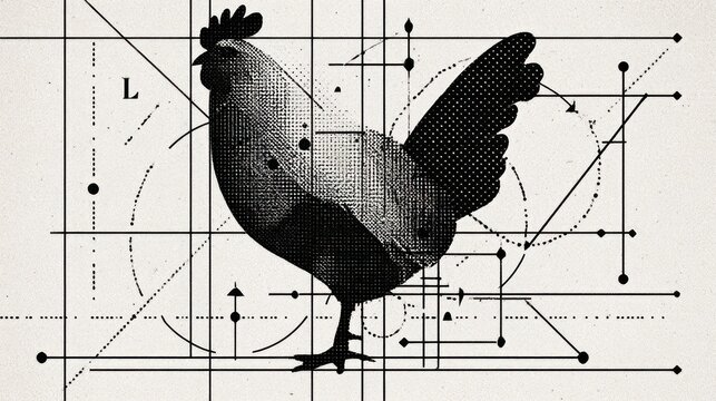 Abstract chicken design with geometric shapes in a dark and light halftone effect
