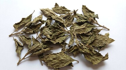 Dried damiana leaf herbal tea ingredient isolated on white background