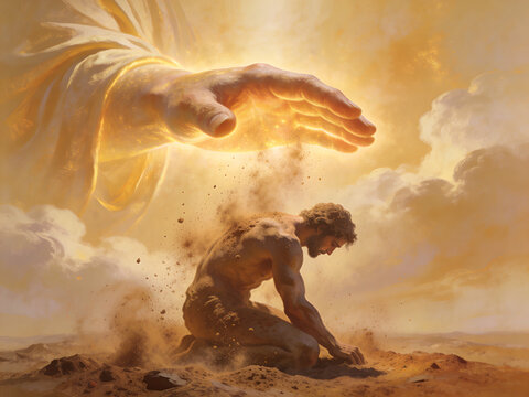 Gods hand creating man from dust. Biblical scene of creation. Religious concept for spiritual lesson.