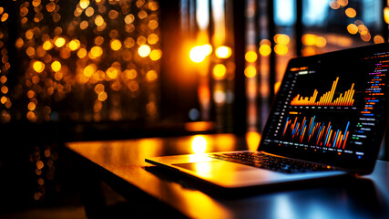 Analyzing Traffic Data on a Laptop Connected to the Internet During a Sunset Desktop Environment with Stunning Bokeh Inspirational Viewpoint for Data Visualization Concepts