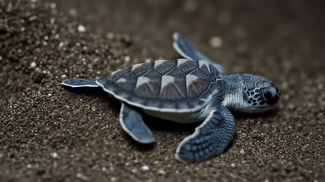 Close up of a baby turtle crawling on dark sand, shell detail emphasized