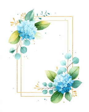 Elegant watercolor floral frame with blue hydrangea clusters and soft eucalyptus leaves