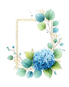 Elegant watercolor floral frame with blue hydrangea clusters and soft eucalyptus leaves