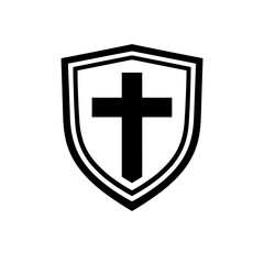 Fototapeta premium Elegant black Christian cross icon meticulously centered within a classic shield emblem, representing unwavering faith, divine protection, spiritual strength, religious devotion, and steadfast belief.