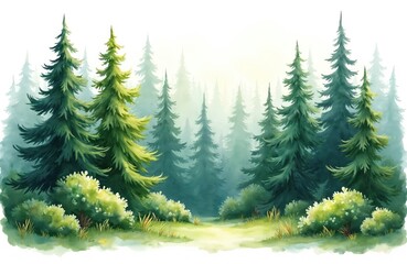 Obraz premium Watercolor painting of dense evergreen forest with rich green pine trees, bushes. Gentle path leads through trees into misty, hazy background. Sunlight filters through canopy, creating serene