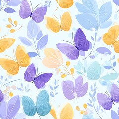Obraz premium Airy botanical seamless pattern with pastel butterflies and light spring florals