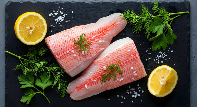 Premium Raw Red Snapper Fillets with Fresh Herbs & Lemon - Gourmet Seafood Ingredient for Healthy Meals