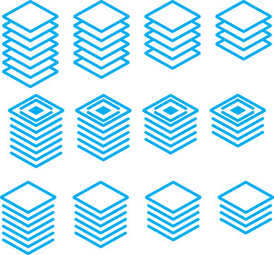 Layers icon set. Logo layers, levels, tiers, sheets icons. Fabric floor layers symbol absorbent of material stack vector. Layer layout icon set. 6, 5, 4, 3, layers symbol.  Fabric floor layers symbol 