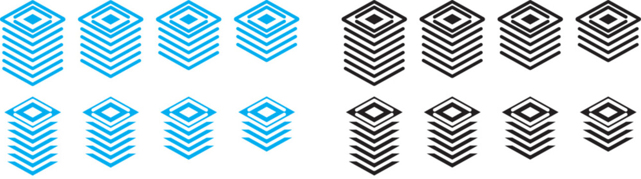 Layers icon set. Logo layers, levels, tiers, sheets icons. Fabric floor layers symbol absorbent of material stack vector. Layer layout icon set. 6, 5, 4, 3, layers symbol.  Fabric floor layers symbol 