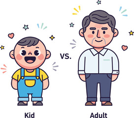 Fototapeta premium Cute Vector Illustration Comparing a Young Kid and an Older Adult Male Character for Aging Stages, Life Cycle Education, and Family Concept Designs