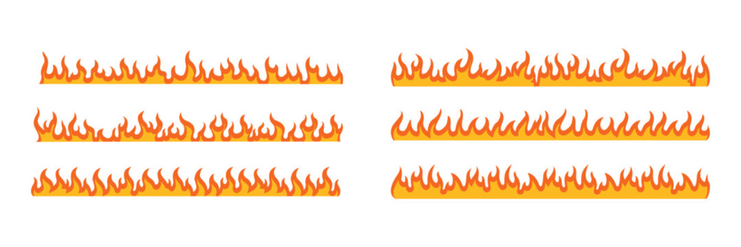 Fire Flame Border Set &ndash; Cartoon Flames, Burning Fire, Heat Wave Decorative Border Vector Collection