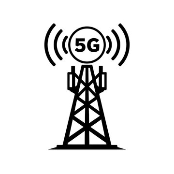 5G cellular network tower icon, showcasing high-speed wireless signal transmission. Represents cutting-edge mobile connectivity infrastructure, vital for next-generation broadband, IoT, smart cities,