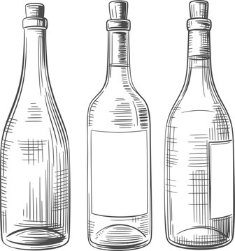 Set of vintage vector hand drawn wine bottles with corks, isolated glass container sketches for winery branding
