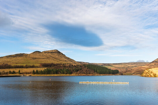 Dovestone reservoir with floating jetty in Peak District at Saddleworth Moor in Greater Manchester, England.