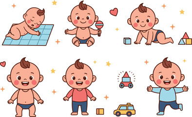 Baby Development Milestones Vector Set Featuring Infants Sleeping, Sitting, Crawling, and Walking for Parenting Education and Early Childhood Growth Designs