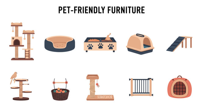 Illustration of various pet furniture and accessories including cat trees beds feeders litter box ramp gate carrier and bird perch