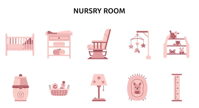 Pink nursery room icons including crib changing table rocking chair mobile and toys