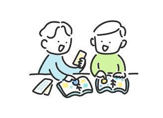 シール帳を使ってシール交換を楽しむ2人の笑顔の男性の線画イラスト