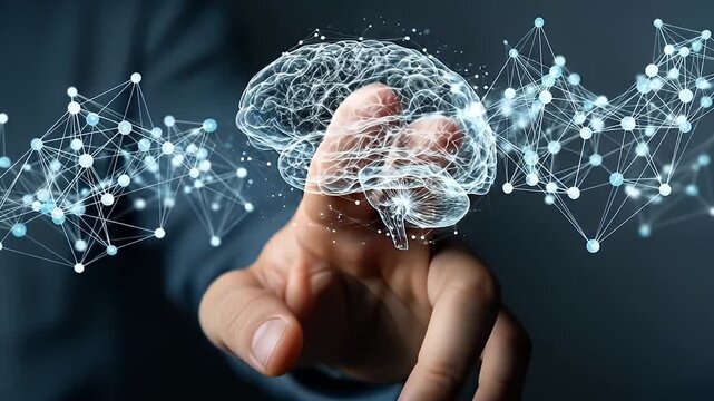 Digital human brain graphic interacts with a reaching human hand, connected networks