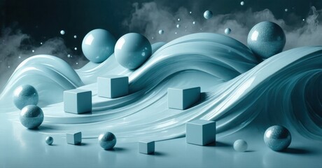 Fototapeta premium Abstract fluid shapes, spheres, cubes. Turquoise color palette dominates composition. Dramatic lighting creates depth, shadows. Minimalist design.
