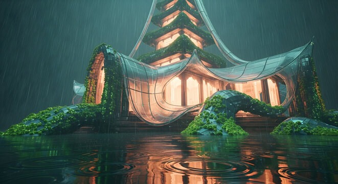 A vision of sustainable future architecture in Bali. The prompt combines traditional temple shapes with futuristic materials, emphasized by rainy weather and cinematic anamorphic lens effects.