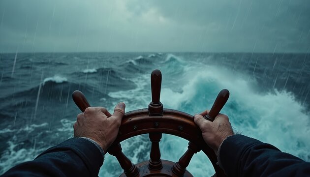 Man grips ship wheel, navigating stormy seas with rough waves and heavy rain. Determined captain controls vessel through turbulent ocean waters. Facing danger, hard journey, leadership.
