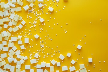 Fototapeta premium White LEGO blocks scattered on yellow background flat lay minimal concept art director style