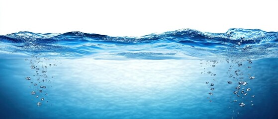 Crystal Clear Water Surface with Waves and Bubbles in Tranquil Blue Tones Perfect for Relaxation and Calmness Representation in Stock Photography