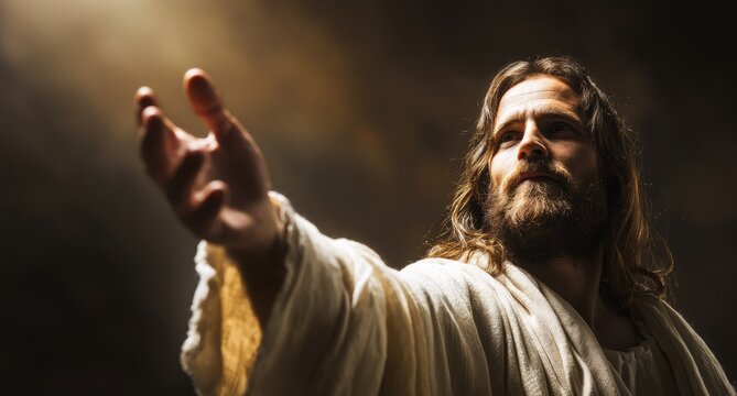 Jesus Christ reaching out in radiant heavenly light, idea for Easter Christian faith resurrection hope salvation and divine grace concept