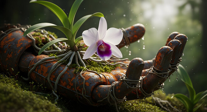 3D close up of a delicate purple orchid flower blooming held by a mechanical robot hand in a lush nature forest. Concept of harmony between technology, artificial intelligence, and nature