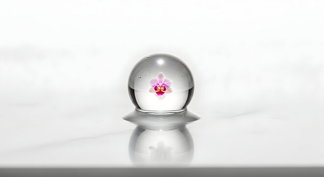 Pink orchid flower encapsulated inside a crystal clear glass sphere ball on bright reflective floor. Creative concept of preservation, beauty, nature, magic, and minimalism