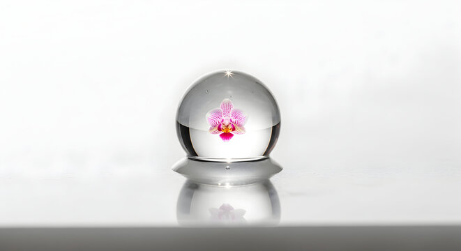 Pink orchid flower encapsulated inside a crystal clear glass sphere ball on bright reflective floor. Creative concept of preservation, beauty, nature, magic, and minimalism