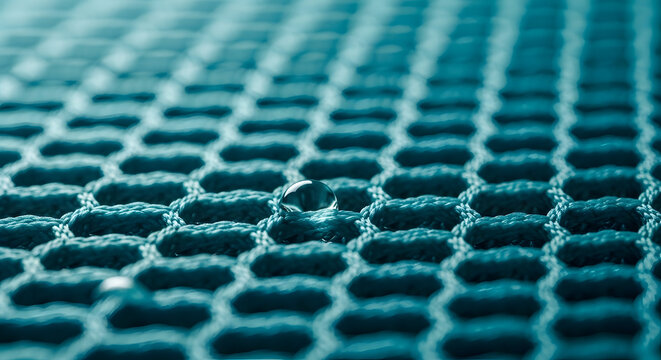 Macro shot of a clean water droplet resting on a blue waterproof mesh fabric texture. Concept of hydrophobic coating, water repellent material, moisture resistance, and technology
