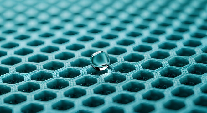 Macro shot of a clean water droplet resting on a blue waterproof mesh fabric texture. Concept of hydrophobic coating, water repellent material, moisture resistance, and technology