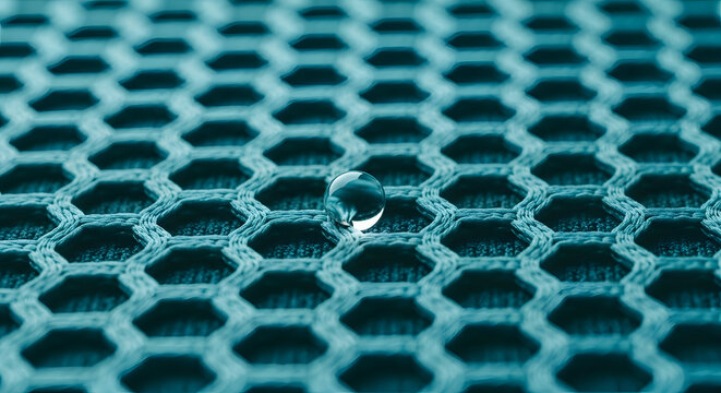 Macro shot of a clean water droplet resting on a blue waterproof mesh fabric texture. Concept of hydrophobic coating, water repellent material, moisture resistance, and technology