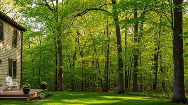 Serene modern home with lush green backyard and wooden deck