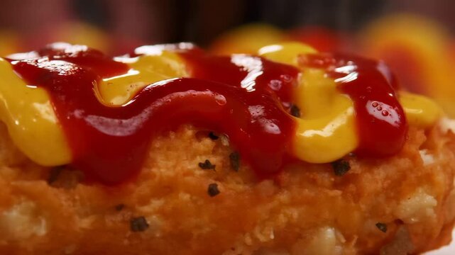 A mouth-watering macro shot of a golden-brown, crispy corn dog generously drizzled with swirls of vibrant yellow mustard and bright red ketchup
