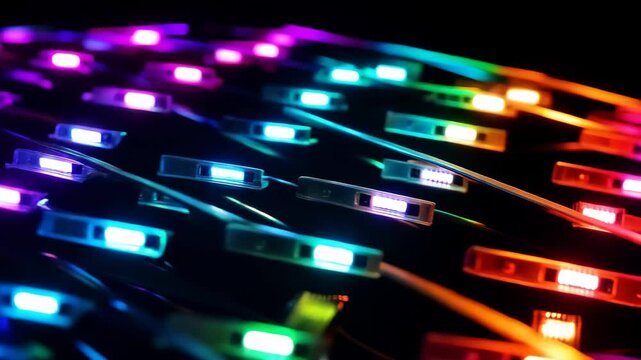 A vibrant close-up of parallel RGB LED light strips glowing in a spectrum of pink, blue, and yellow hues, creating a modern, high-tech, and colorful lighting effect