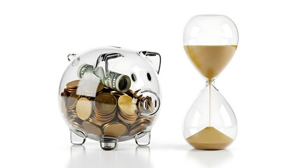 Piggy Bank and Hourglass with Coins.