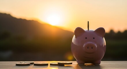 Piggy Bank Saving Money at Sunset.