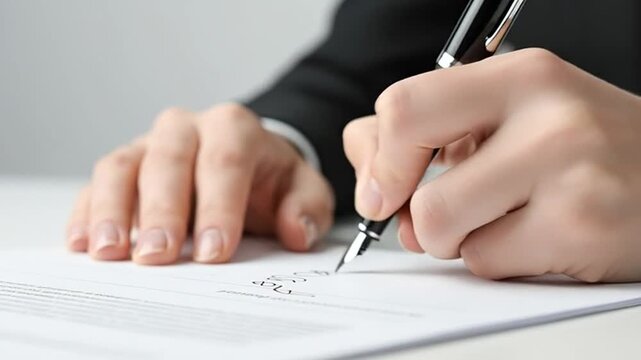 Businessperson signing important document with pen